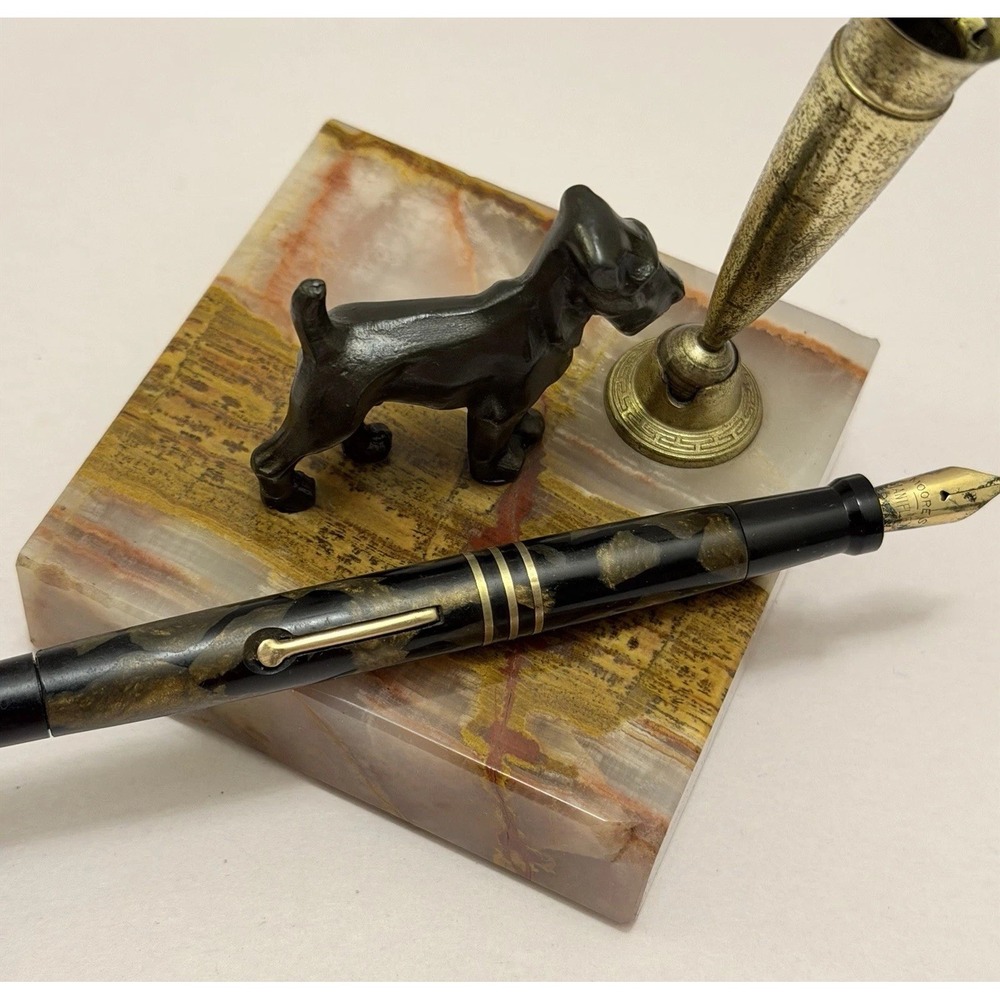 Antique Moore Fountain Pen Desk Set Scottie Dog Deco Marble Alabaster Gold VTG